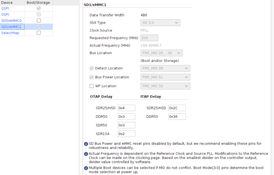Vivado Versal CIPS configuration screen for the SD1/eMMC1 boot device with the old SD level shifter ITAP delay values (SDR25/HSD 0x2C, DDR50 0x36) selected.