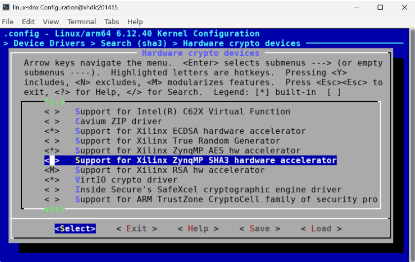 Linux 6.12.40 menuconfig under Device Drivers / Search (sha3) / Hardware crypto devices, with the 'Support for Xilinx ZynqMP SHA3 hardware accelerator' option highlighted and deselected.