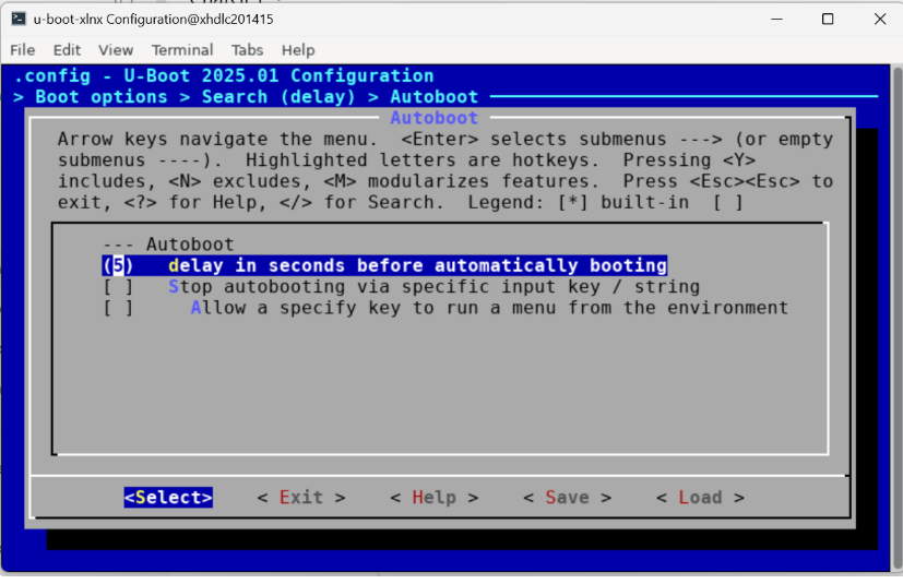 U-Boot 2025.01 menuconfig under Boot options / Search (delay) / Autoboot, with the 'delay in seconds before automatically booting' option highlighted and set to 5.
