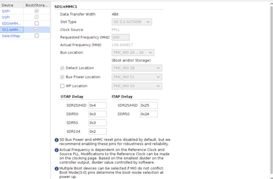 Vivado Versal CIPS configuration screen for the SD1/eMMC1 boot device with the new SD level shifter ITAP delay values (SDR25/HSD 0x25, DDR50 0x2A) selected.